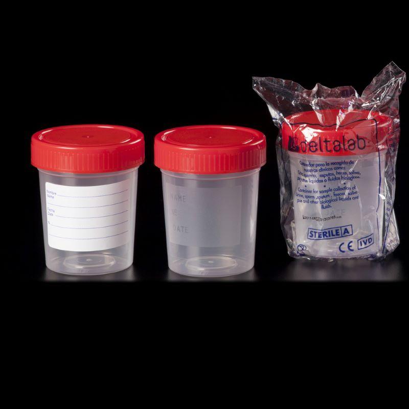 Контейнер, 120 мл (57х73 мм), градуйований з полем для записів, ПП з червоною гвинтовою ПЕ кришкою, в індивідуальній упаковці, DELTALAB